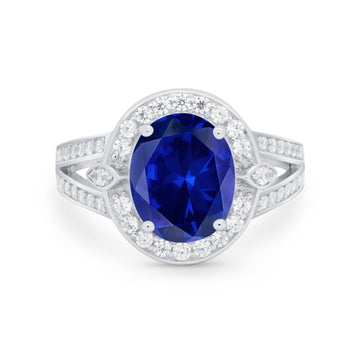 Art Deco Split Shank Engagement Bridal Ring Simulated Blue Sapphire CZ 925 Sterling Silver